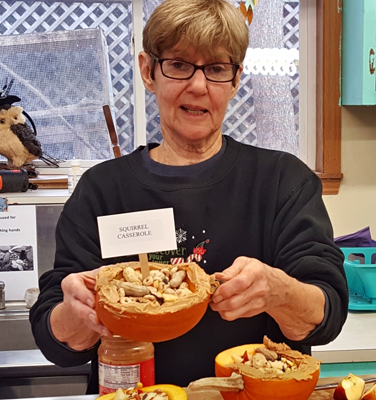 Sharon a "Hoo" volunteer, is preparing a special Thanksgiving dinner for the Squirrels